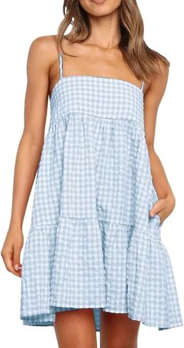 Wenrine Womens Summer Plaid Mini Dress Casual Spaghetti Strap Sleeveless A Line Beach Sundress with Pockets in Kuwait