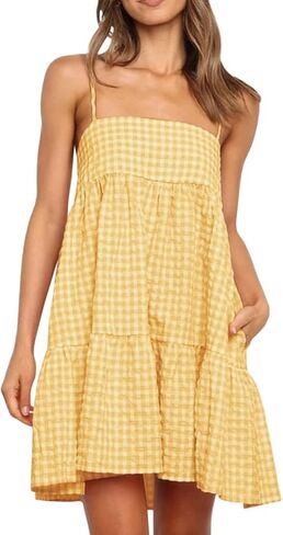 Wenrine Womens Summer Plaid Mini Dress Casual Spaghetti Strap Sleeveless A Line Beach Sundress with Pockets in Kuwait