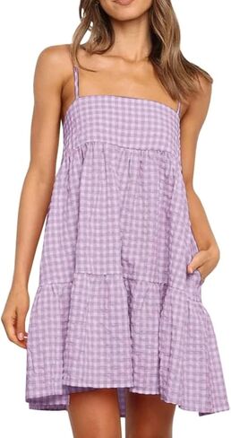 Wenrine Womens Summer Plaid Mini Dress Casual Spaghetti Strap Sleeveless A Line Beach Sundress with Pockets in Kuwait