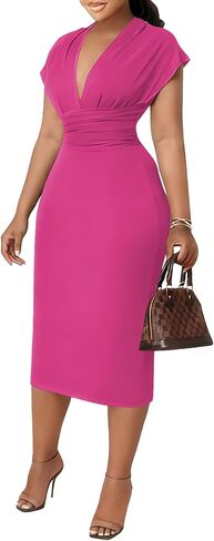 Women's Bodycon Midi Dress Deep V-Neck Cap Sleeve Ruched High Waist Stretchy Dresses for Date Nights, Parties & Work in Saudi Arabia