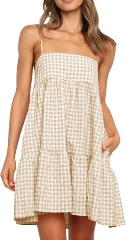 Wenrine Womens Summer Plaid Mini Dress Casual Spaghetti Strap Sleeveless A Line Beach Sundress with Pockets in Kuwait