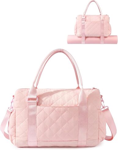 Gym Bag for Women with Yoga Mat Holder, Small Mini Gym Tote Bag Puffy Quilted Lightweight Sports Duffel Bag with Wet Compartment for Dance Yoga Workout Travel - Pink in Saudi Arabia