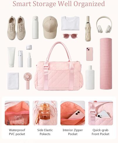 Gym Bag for Women with Yoga Mat Holder, Small Mini Gym Tote Bag Puffy Quilted Lightweight Sports Duffel Bag with Wet Compartment for Dance Yoga Workout Travel - Pink in Saudi Arabia