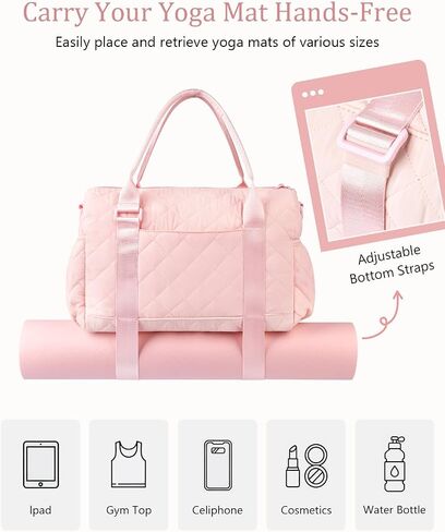 Gym Bag for Women with Yoga Mat Holder, Small Mini Gym Tote Bag Puffy Quilted Lightweight Sports Duffel Bag with Wet Compartment for Dance Yoga Workout Travel - Pink in Saudi Arabia