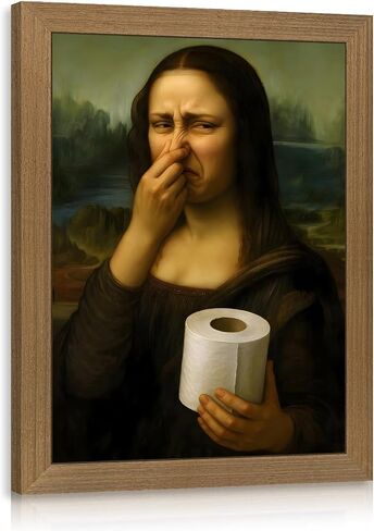 Snlihc Wood Framed Funny Bathroom Mona Lisa Wall Art, Vintage Humor Pinching Nose Wall Decor, Classical Toilet Poster Print, Whimsical Restroom Canvas Painting for Bathroom Ready to Hang 8x10 Inch in Kuwait