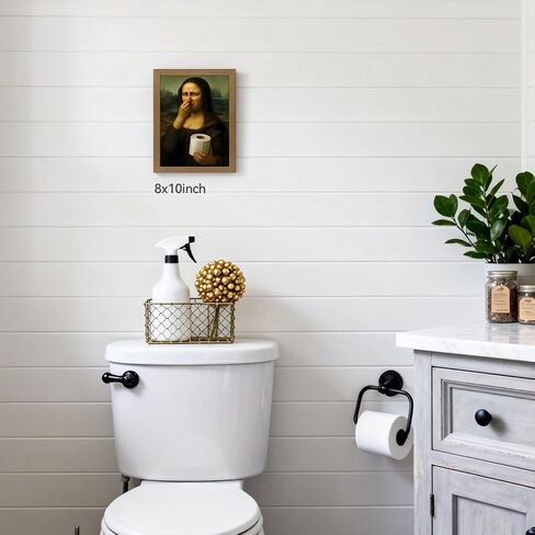 Snlihc Wood Framed Funny Bathroom Mona Lisa Wall Art, Vintage Humor Pinching Nose Wall Decor, Classical Toilet Poster Print, Whimsical Restroom Canvas Painting for Bathroom Ready to Hang 8x10 Inch in Kuwait