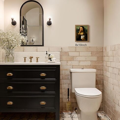 Snlihc Wood Framed Funny Bathroom Mona Lisa Wall Art, Vintage Humor Pinching Nose Wall Decor, Classical Toilet Poster Print, Whimsical Restroom Canvas Painting for Bathroom Ready to Hang 8x10 Inch in Kuwait