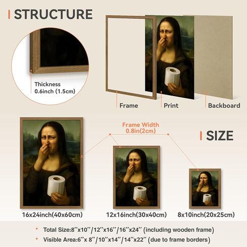 Snlihc Wood Framed Funny Bathroom Mona Lisa Wall Art, Vintage Humor Pinching Nose Wall Decor, Classical Toilet Poster Print, Whimsical Restroom Canvas Painting for Bathroom Ready to Hang 8x10 Inch in Kuwait
