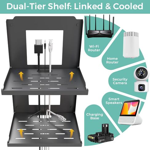 2-Tier Router Shelf Wall Mount Foldable - 10 inch Metal Outlet Shelf w/Cable Holes | Dual-Layer Organize & Connect for Router and Modem & Smart Home Decor | Folds Up & Stackable (Medium) in Saudi Arabia