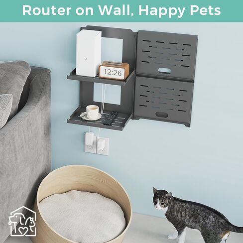 2-Tier Router Shelf Wall Mount Foldable - 10 inch Metal Outlet Shelf w/Cable Holes | Dual-Layer Organize & Connect for Router and Modem & Smart Home Decor | Folds Up & Stackable (Medium) in Saudi Arabia