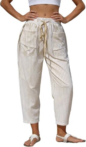 Striped Linen Pants Women High Waisted Comfy Drawstring Barrel Pants with Pockets Summer Beach Lounge Trousers in Saudi Arabia