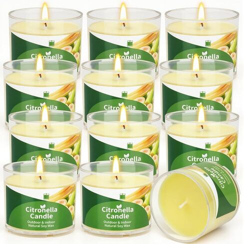 Citronella Candles Outdoor, 12 Pack Citronella Candles, 180 Hours Long Lasting Burn Time, Natural Soy Wax, Indoor & Outdoor Candle for Patio, Camping, Garden, Yard, Balcony, Summer Party, Home in Saudi Arabia