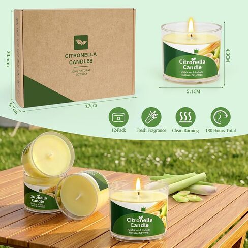Citronella Candles Outdoor, 12 Pack Citronella Candles, 180 Hours Long Lasting Burn Time, Natural Soy Wax, Indoor & Outdoor Candle for Patio, Camping, Garden, Yard, Balcony, Summer Party, Home in Saudi Arabia