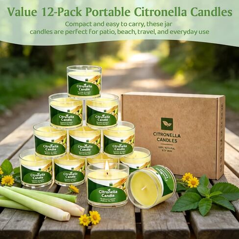 Citronella Candles Outdoor, 12 Pack Citronella Candles, 180 Hours Long Lasting Burn Time, Natural Soy Wax, Indoor & Outdoor Candle for Patio, Camping, Garden, Yard, Balcony, Summer Party, Home in Saudi Arabia