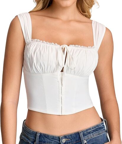 KUTUMAI Lace Corset Top Cute Square Neck Tie Bustier Y2k Going Out Crop Tops for Women Summer in Kuwait
