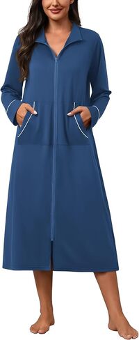 Ekouaer Zipper Robes for Women Long Sleeve Lightweight House Coats with Pockets Zip Up Bathrobe Loungewear S-3XL in Kuwait