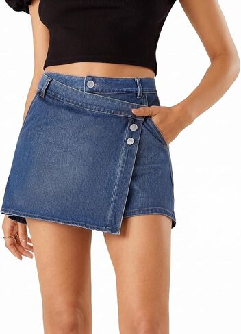 Fanica High Waisted Denim Skort for Women - Wrap Stretchy Asymmetrical Jean Skirt with Shorts for Summer in Saudi Arabia