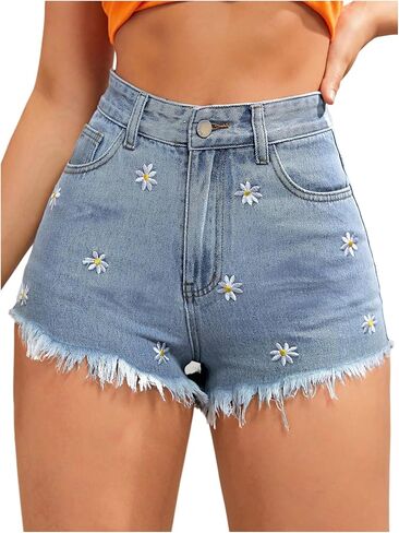 OYOANGLE Women's Floral Embroidery Raw Hem Denim Shorts High Waisted Straight Leg Jean Shorts in Kuwait