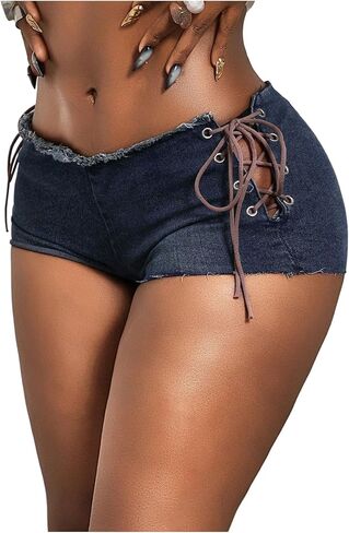 Floerns Women's Y2k Lace Up Denim Shorts Frayed Hem Low Rise Rave Concert Outfit Micro Mini Shorts in Kuwait
