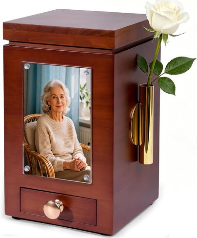 Solid Walnut Cremation Urn for Human Ashes Adult - Wooden Memorial Urn 200 Lbs with Flower Holder, Funeral Urns Box and Casket for Male Female Ashes with 4 x 6 Detachable Photo Frame, Keepsake in Saudi Arabia