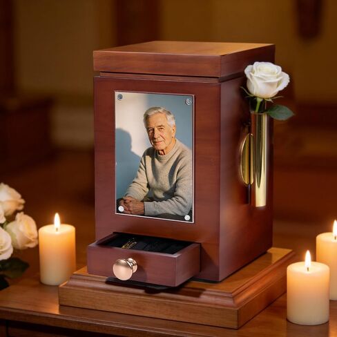 Solid Walnut Cremation Urn for Human Ashes Adult - Wooden Memorial Urn 200 Lbs with Flower Holder, Funeral Urns Box and Casket for Male Female Ashes with 4 x 6 Detachable Photo Frame, Keepsake in Saudi Arabia