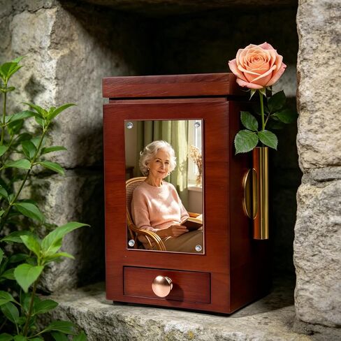 Solid Walnut Cremation Urn for Human Ashes Adult - Wooden Memorial Urn 200 Lbs with Flower Holder, Funeral Urns Box and Casket for Male Female Ashes with 4 x 6 Detachable Photo Frame, Keepsake in Saudi Arabia