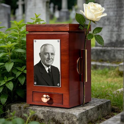Solid Walnut Cremation Urn for Human Ashes Adult - Wooden Memorial Urn 200 Lbs with Flower Holder, Funeral Urns Box and Casket for Male Female Ashes with 4 x 6 Detachable Photo Frame, Keepsake in Saudi Arabia