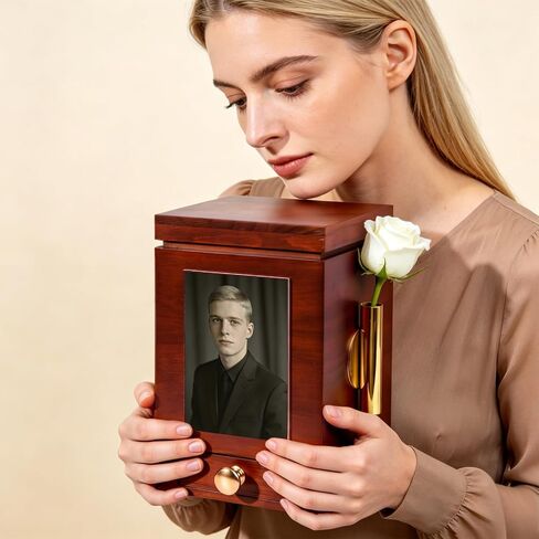Solid Walnut Cremation Urn for Human Ashes Adult - Wooden Memorial Urn 200 Lbs with Flower Holder, Funeral Urns Box and Casket for Male Female Ashes with 4 x 6 Detachable Photo Frame, Keepsake in Saudi Arabia
