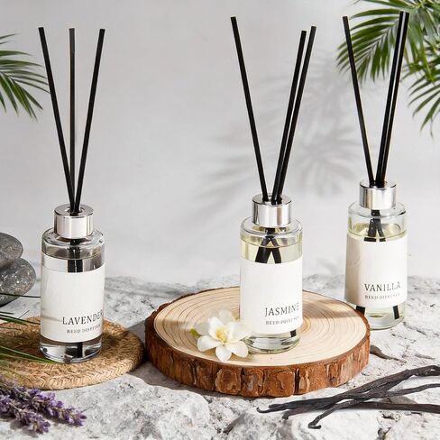 Reed Diffuser Set of 3, Jasmine, Lavender & Vanilla Scented Oil Diffusers with 15 Reeds, Long-Lasting Home Fragrance for Bedroom & Bathroom Decor, 1.7 fl oz Each, Total 5.1 oz in Saudi Arabia