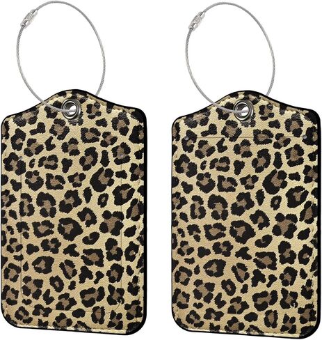 2 PCS Luggage Travel Tags for Suitcases,Cute PU Leather Name Tag with Privacy Cover&ID Label Address Card&Durable Metal Ring Suitable for Men Women Handbags Backpack, Leopard Dark Brown in Saudi Arabia