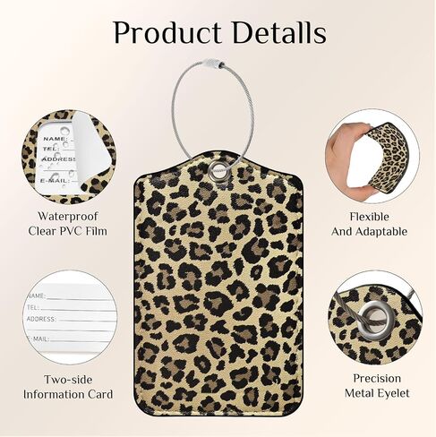 2 PCS Luggage Travel Tags for Suitcases,Cute PU Leather Name Tag with Privacy Cover&ID Label Address Card&Durable Metal Ring Suitable for Men Women Handbags Backpack, Leopard Dark Brown in Saudi Arabia