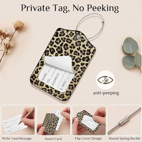2 PCS Luggage Travel Tags for Suitcases,Cute PU Leather Name Tag with Privacy Cover&ID Label Address Card&Durable Metal Ring Suitable for Men Women Handbags Backpack, Leopard Dark Brown in Saudi Arabia
