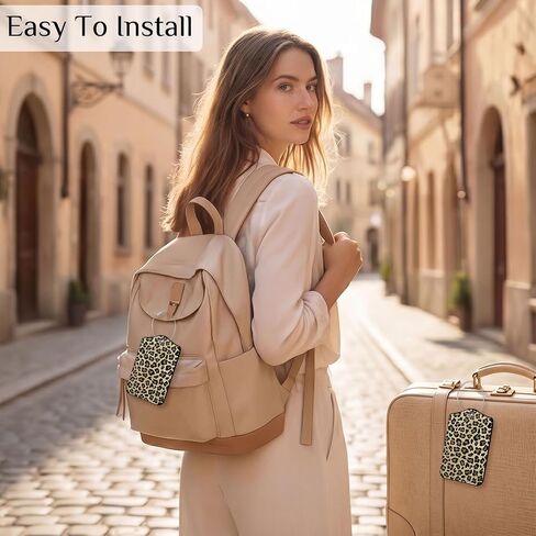 2 PCS Luggage Travel Tags for Suitcases,Cute PU Leather Name Tag with Privacy Cover&ID Label Address Card&Durable Metal Ring Suitable for Men Women Handbags Backpack, Leopard Dark Brown in Saudi Arabia