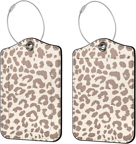 2 PCS Luggage Travel Tags for Suitcases,Cute PU Leather Name Tag with Privacy Cover&ID Label Address Card&Durable Metal Ring Suitable for Men Women Handbags Backpack, Leopard Dark Brown in Saudi Arabia
