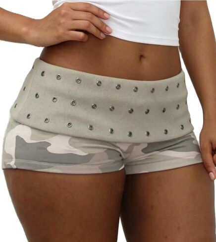 Women Foldover Micro Shorts Studded Fold Over Low Rise Lounge Pajamas Rave Going Out Bottoms Goth Booty Mini Shorts in Kuwait