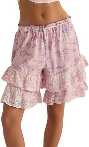 UAURORAO Women Boho Floral Bloomers Knee Length Pantaloons Coquette Layered Ruffle Lace Shorts Pajama Bottoms in Saudi Arabia
