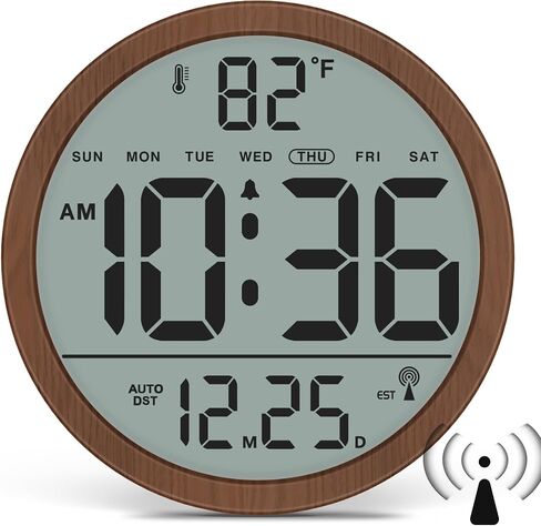WallarGe Atomic Wall Clock - Never Needs Setting, Digital Wall Clock Battery Operated with Date, Temp, DST, Self-Setting Time, Easy to Read 8 Inch Display for Bedroom, Living Room, Home, Office in Saudi Arabia