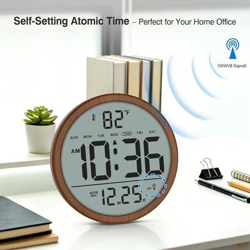 WallarGe Atomic Wall Clock - Never Needs Setting, Digital Wall Clock Battery Operated with Date, Temp, DST, Self-Setting Time, Easy to Read 8 Inch Display for Bedroom, Living Room, Home, Office in Saudi Arabia