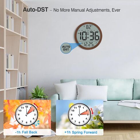 WallarGe Atomic Wall Clock - Never Needs Setting, Digital Wall Clock Battery Operated with Date, Temp, DST, Self-Setting Time, Easy to Read 8 Inch Display for Bedroom, Living Room, Home, Office in Saudi Arabia