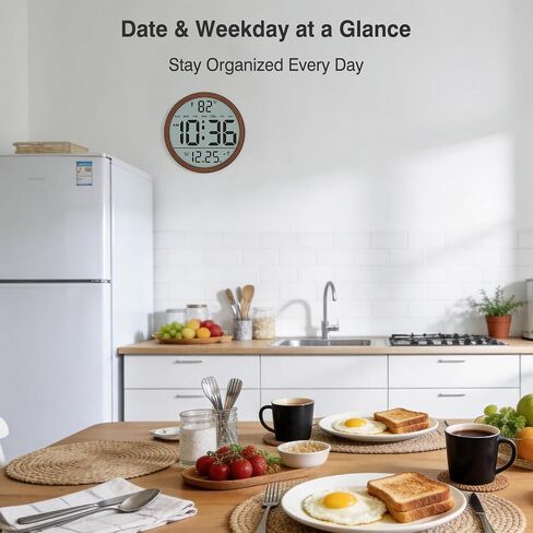 WallarGe Atomic Wall Clock - Never Needs Setting, Digital Wall Clock Battery Operated with Date, Temp, DST, Self-Setting Time, Easy to Read 8 Inch Display for Bedroom, Living Room, Home, Office in Saudi Arabia