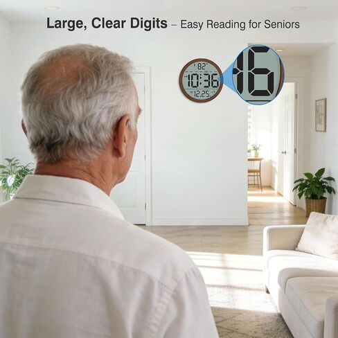 WallarGe Atomic Wall Clock - Never Needs Setting, Digital Wall Clock Battery Operated with Date, Temp, DST, Self-Setting Time, Easy to Read 8 Inch Display for Bedroom, Living Room, Home, Office in Saudi Arabia