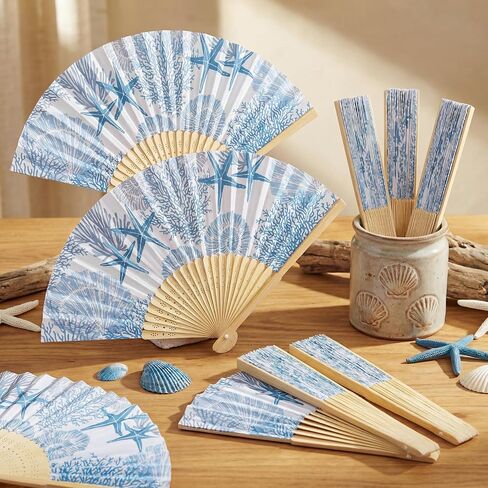 Karenhi 36 Pcs Beach Paper Fans Bulk Blue Coastal Folding Hand Fans Bulk with Ocean Blue Design Summer Party Guests Favors for Bridal Shower Seaside Outdoor Ceremony Decorations in Kuwait