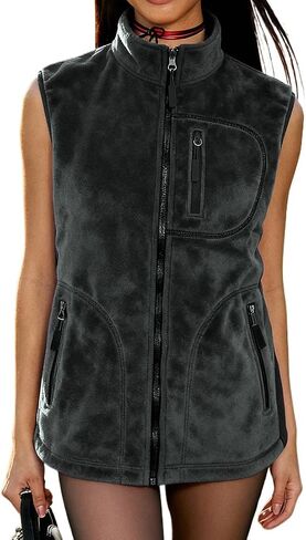 Women's Fleece Vest, Full-Zip Sleeveless Gilet with Stand Collar and Zipper Pockets, Warm Lightweight Jacket in Kuwait