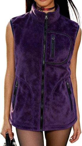 Women's Fleece Vest, Full-Zip Sleeveless Gilet with Stand Collar and Zipper Pockets, Warm Lightweight Jacket in Kuwait