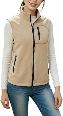 Women's Fleece Vest, Full-Zip Sleeveless Gilet with Stand Collar and Zipper Pockets, Warm Lightweight Jacket in Kuwait