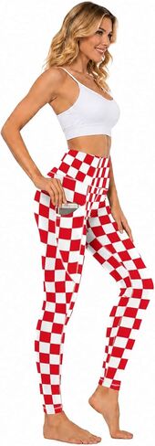 QIWCANM Red and White Checkered High Waisted Workout Leggings for Women Full Print Yoga Pants Tummy Control Athletic Legging in Saudi Arabia
