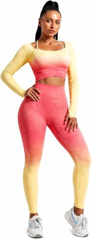 Women's Fitness Clothing Gym Outfit and Yoga Workout Set – Seamless Crop Top and High Waisted Leggings Ombre Gradient in Saudi Arabia