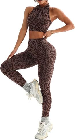 طقم تمرين نسائي من SweatyRocks مكون من قطعتين بطبعة الفهد وسحاب ورقبة وهمية وقميص قصير وملابس رياضية ضيقة in Kuwait