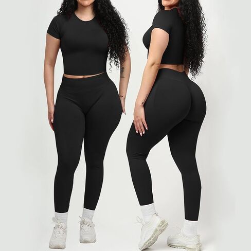 Womens Two Piece Workout Sets Slim Fit Short Sleeve Shirt High Waist Leggings Yoga Outfits Matching Gym Set in Saudi Arabia