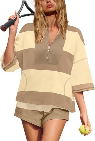 UNIANKIYA Womens 2 Piece Workout Sets Striped Lounge Set Matching Set Summer Top and Short Set with Pockets Two Piece Outfits in Saudi Arabia